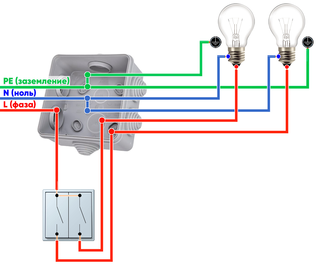 Как подключить двойной выключатель на две лампочки – схема подключения